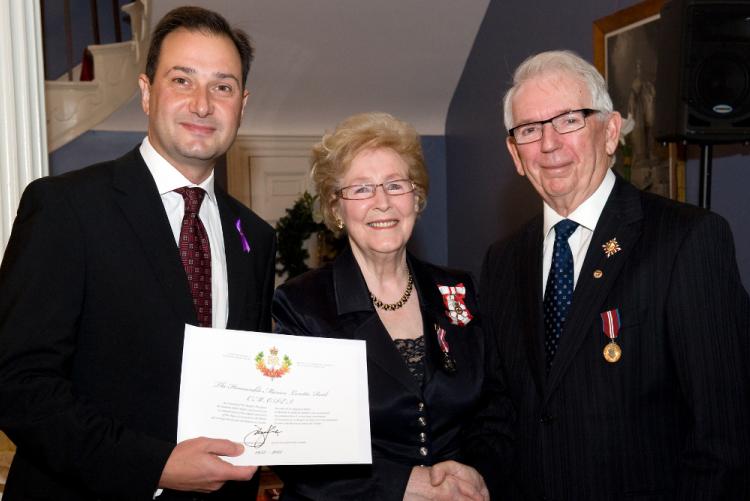 Hon. Marion L. Reid is presented with the Order of PEI at Government House by Premier Robert Ghiz and His Honor Frank Lewis