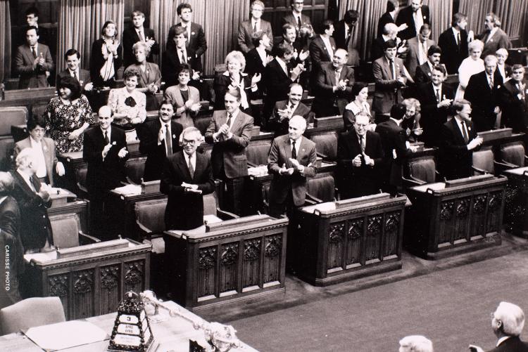 Black and white image of opposition side of House of Commons