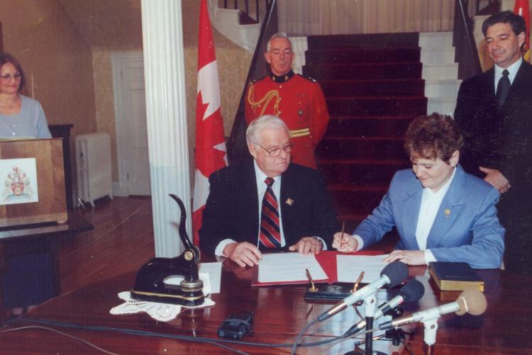 Mella at swearing-in ceremony at Government House presided by Hon. Gilbert Clements, and Premier Pat Binns, 2006 / P. Mella collection Pat Mella at swearing-in ceremony at Government House